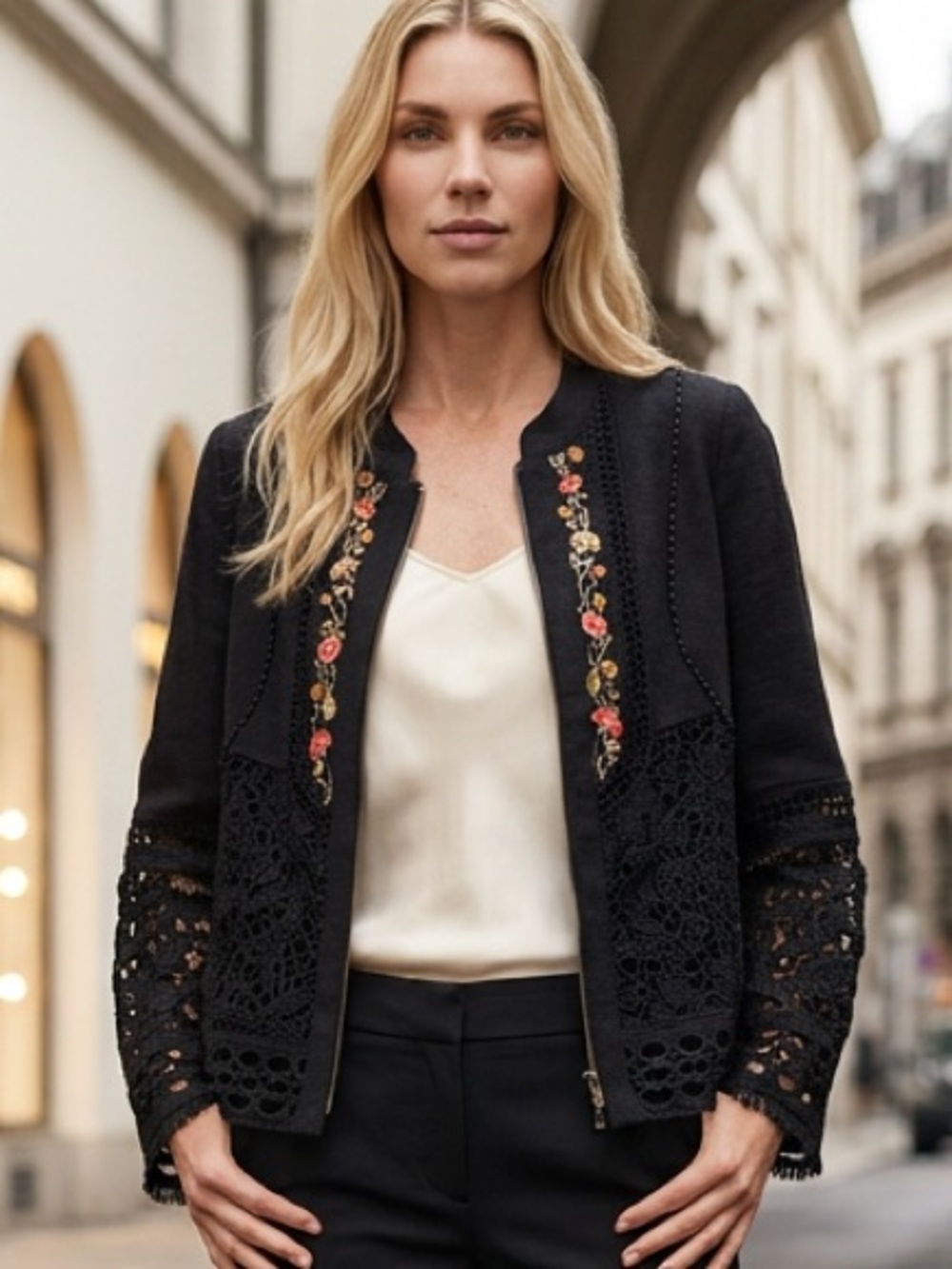 Chico's Black Embroidered lace Crochet-Trim Blazer Chicos size 0